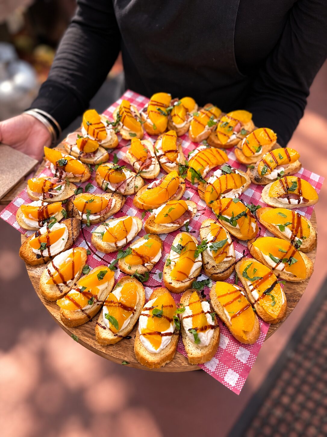Whipped honey ricotta, peach and balsamic crostini