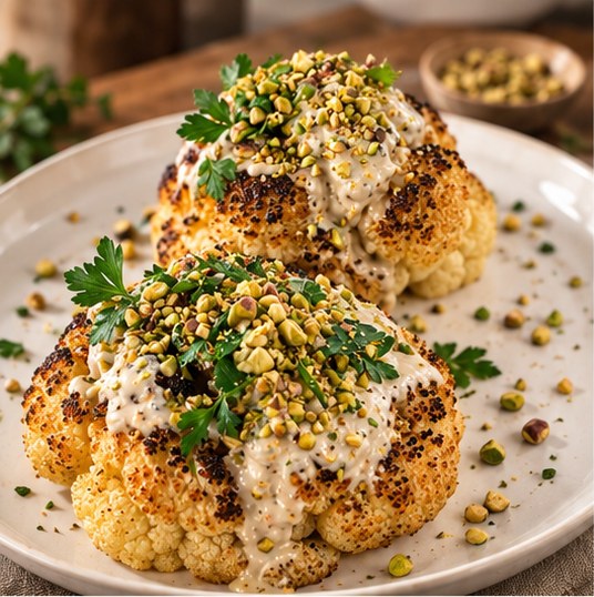 Whole roasted cauliflower with tahini and pistachios
