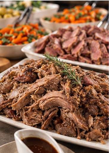 Slow-cooked pulled meat with rosemary