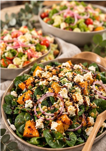 Roast pumpkin, spinach and feta salad