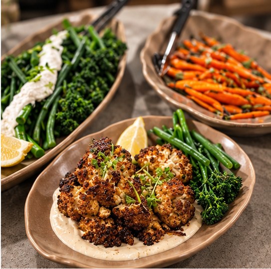 Roast cauliflower, greens and carrots in serving dishes