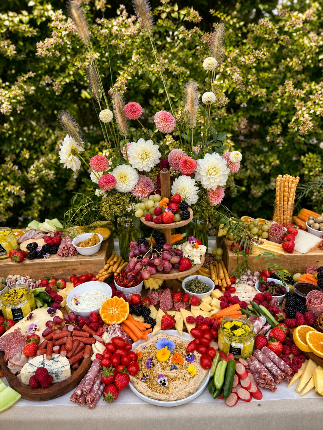 Grazing table piled with cheeses, cured meats, fruit and dahlias