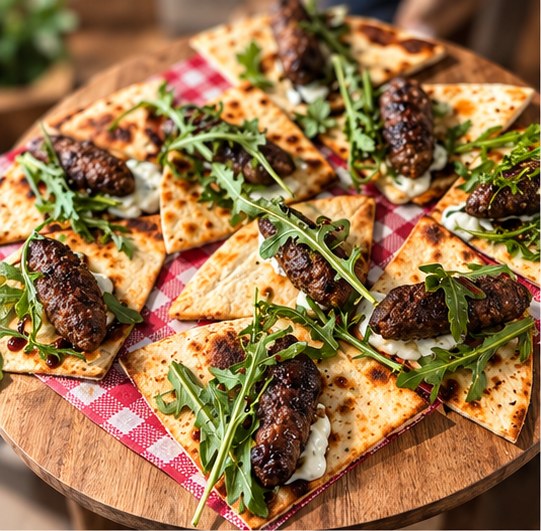 Kofta on flatbread with rocket and garlic sauce