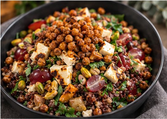 Grain salad with roasted chickpeas, grapes and haloumi