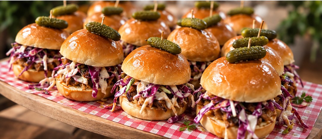 Pulled pork sliders with slaw and pickles