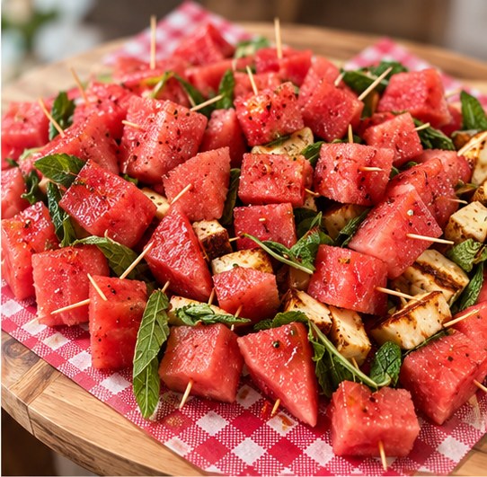 Watermelon, haloumi and mint skewers