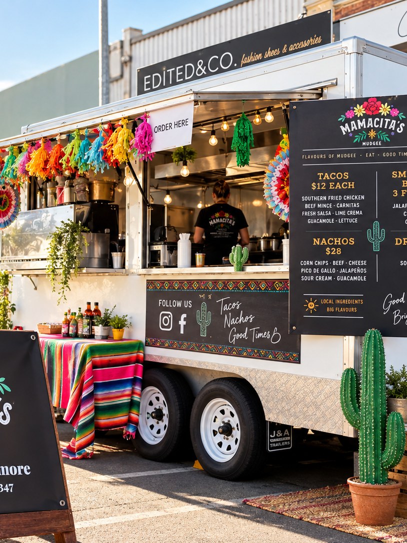 The Mamacitas food van at a Mudgee street market, hatch open and menu board out