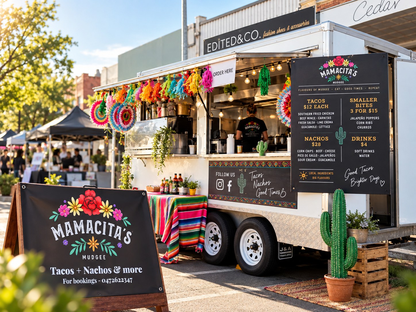 The Mamacitas food van at a Mudgee street market, hatch open, tassels up and the menu board out
